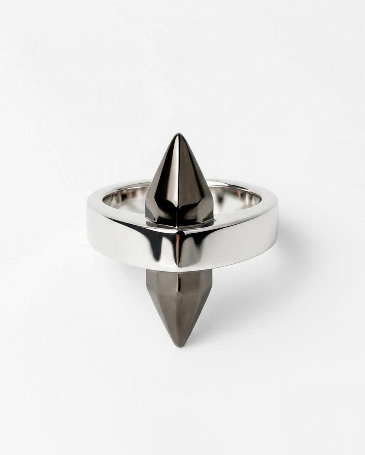 Silver ring with a double-sided faceted crystal spike in gold or black