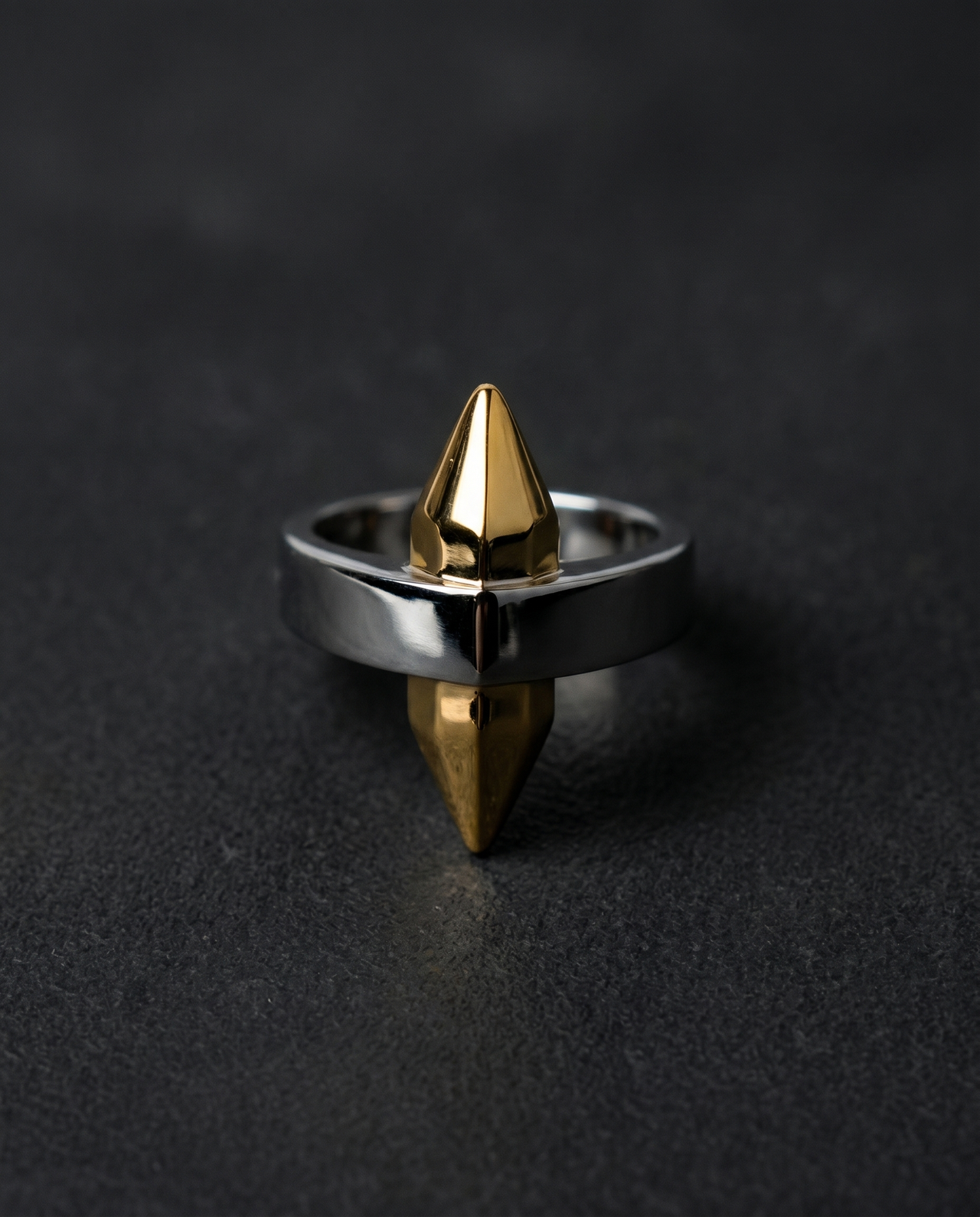 Silver ring with a double-sided faceted crystal spike in gold or black