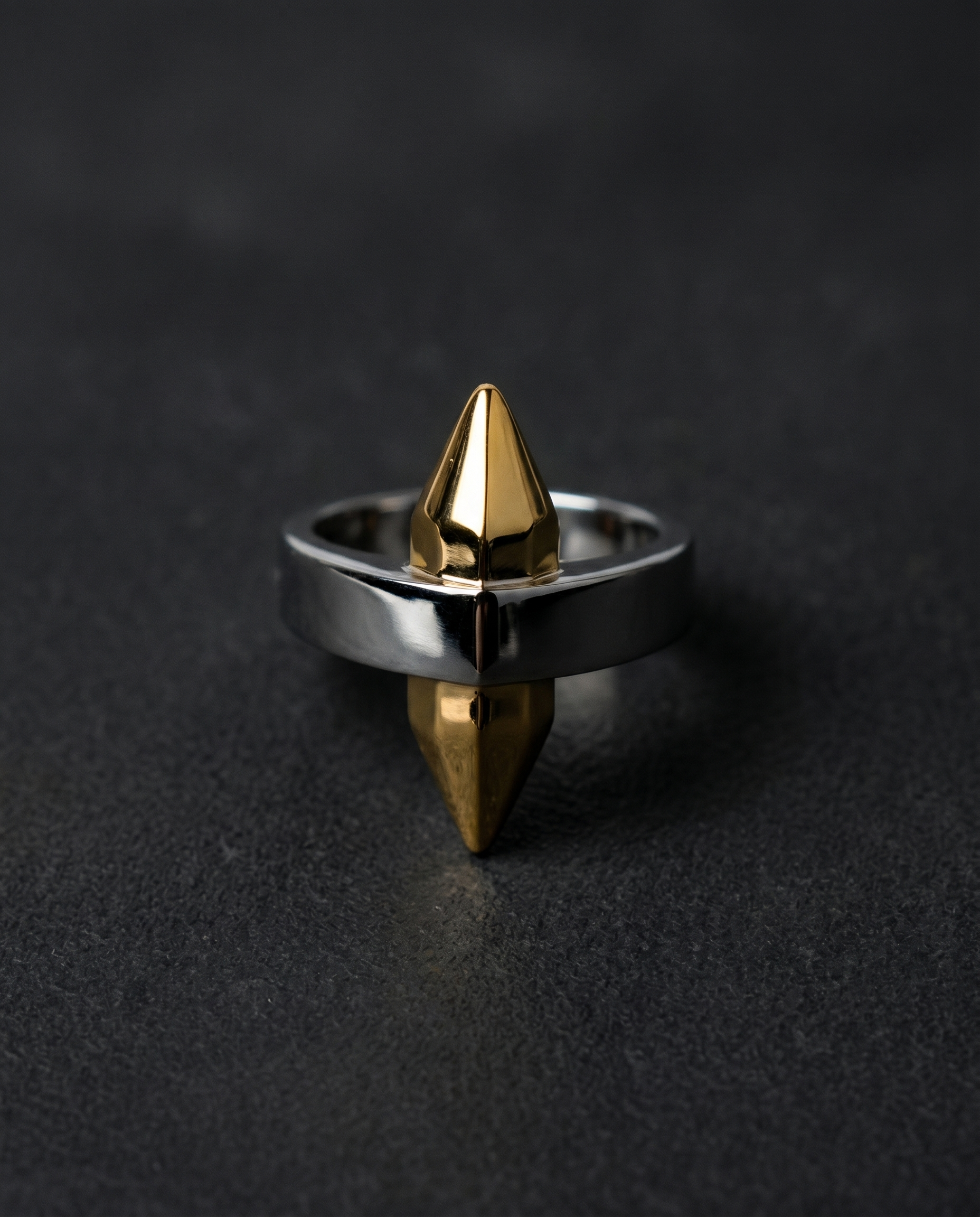 Silver ring with a double-sided faceted crystal spike in gold or black